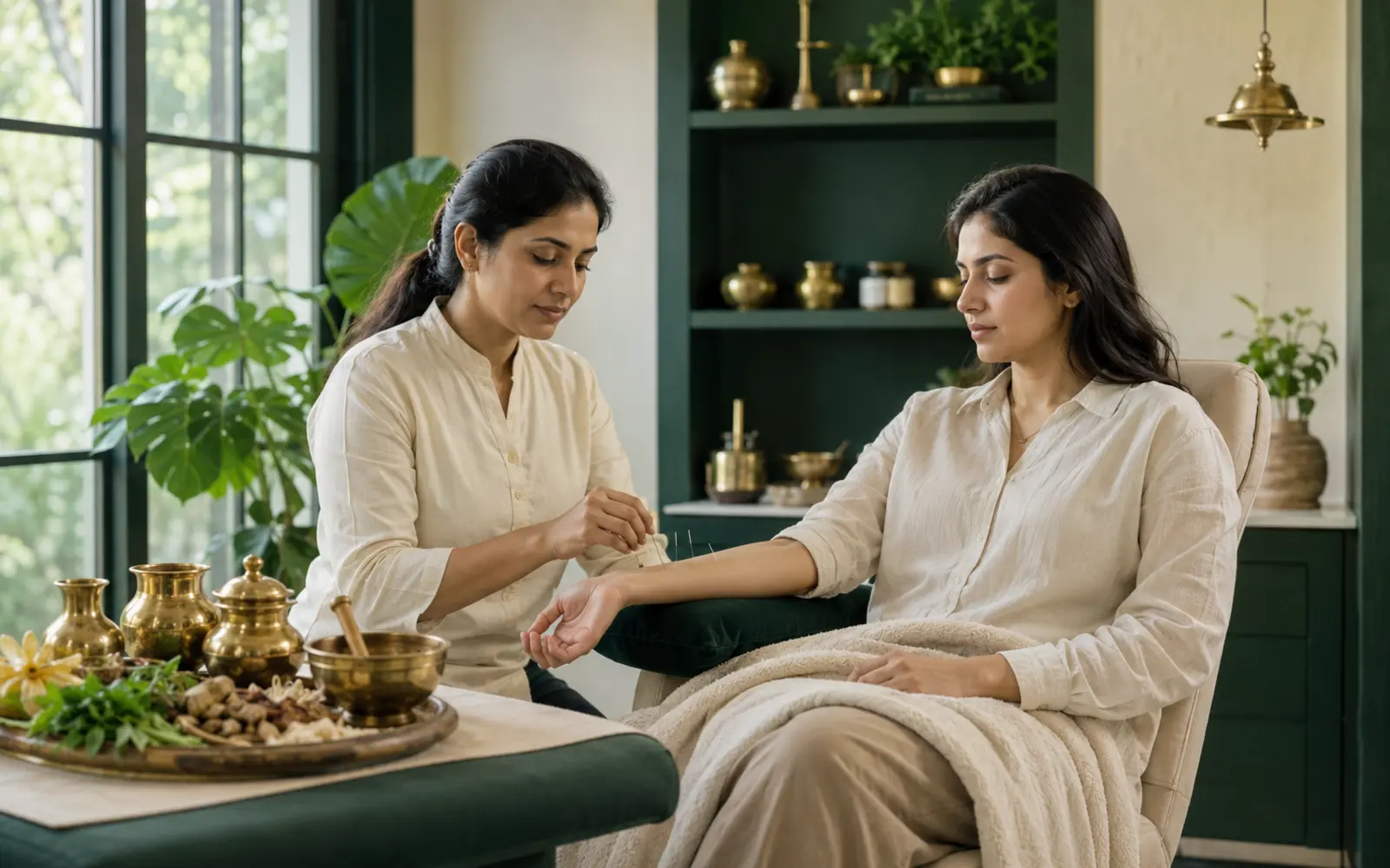 Qualified practitioner providing professional forearm acupuncture in an integrative wellness setting