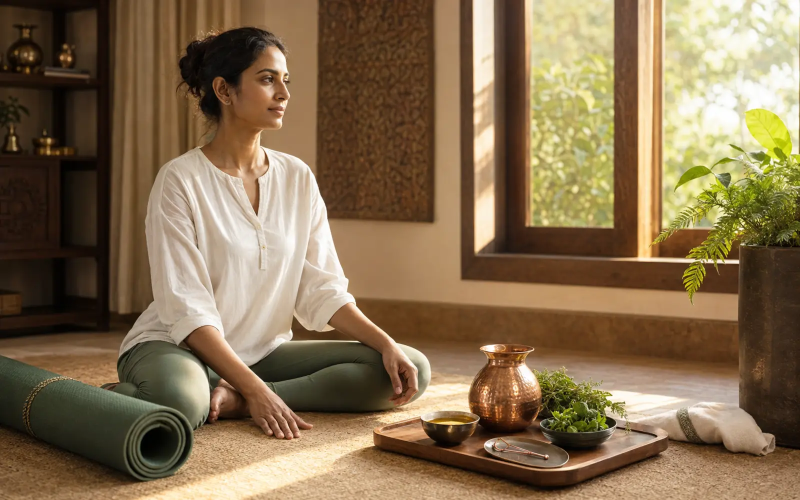 Morning Ayurvedic routine with a copper vessel, herbs, massage oil, and yoga mat