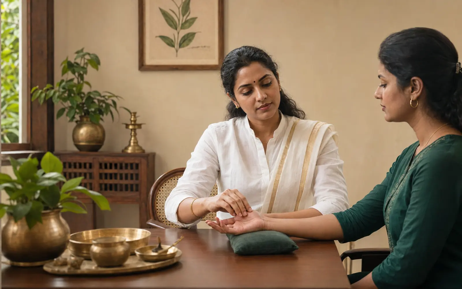 Ayurvedic physician gently examining an adult patient’s radial pulse