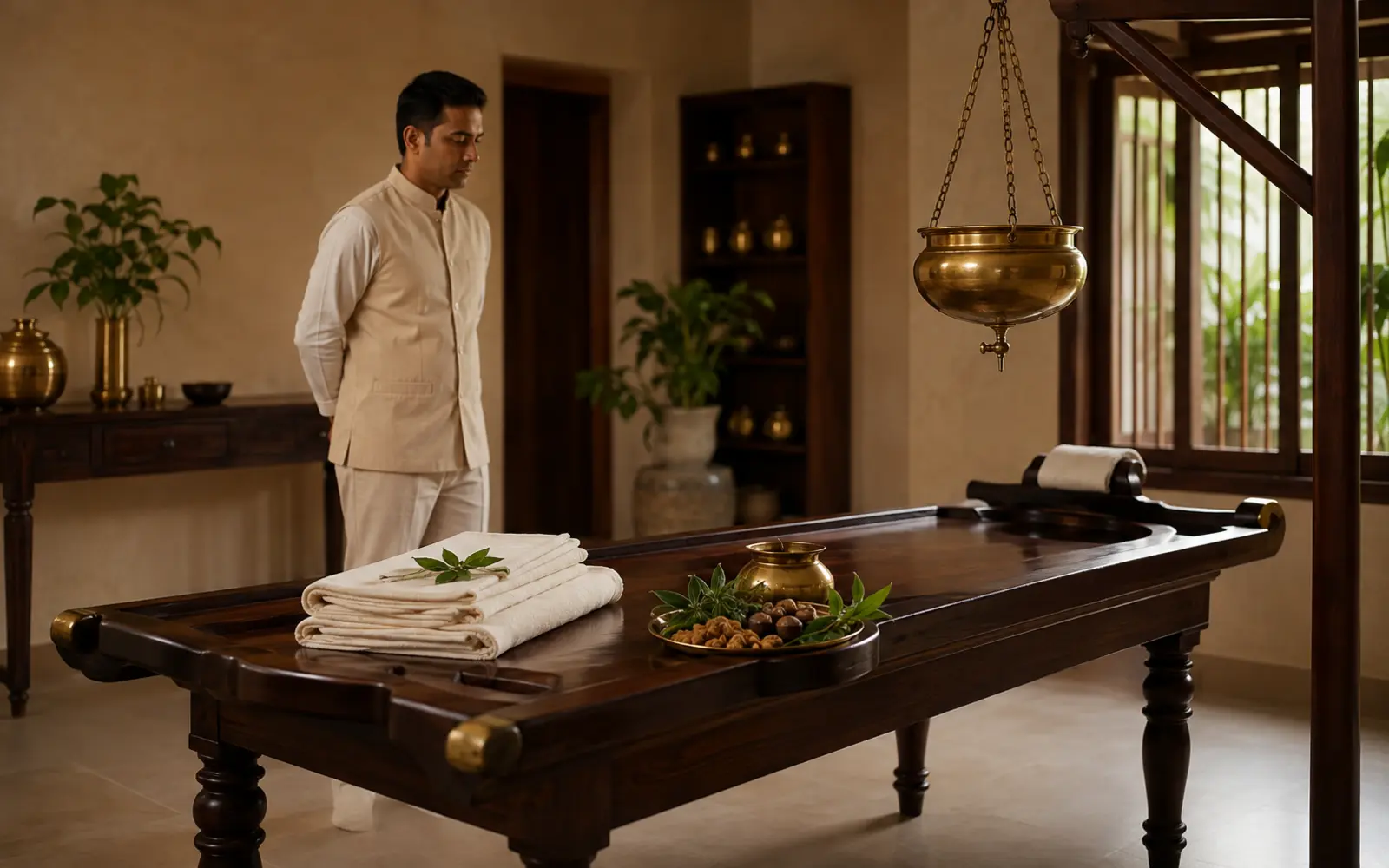 Prepared Ayurvedic Panchakarma room with brass vessels, herbs, and a wooden therapy table