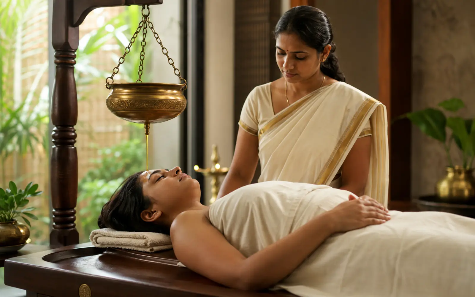 Practitioner supervising a calm, controlled Shirodhara therapy session