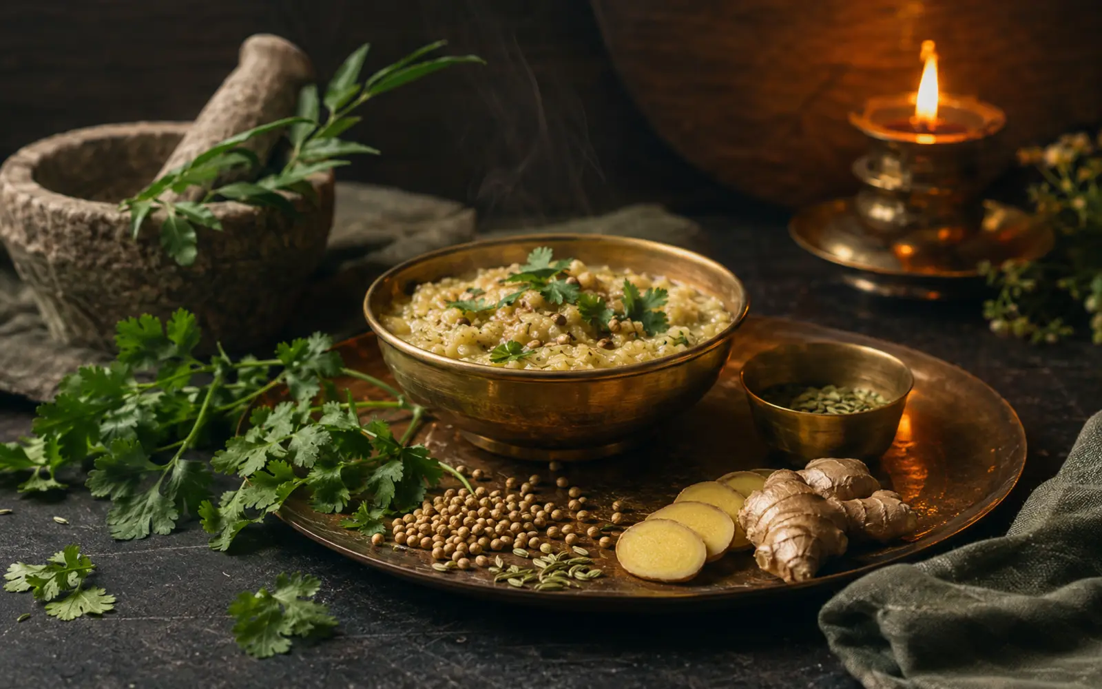 Warm Ayurvedic meal, culinary herbs, and a restrained lamp glow symbolising Agni
