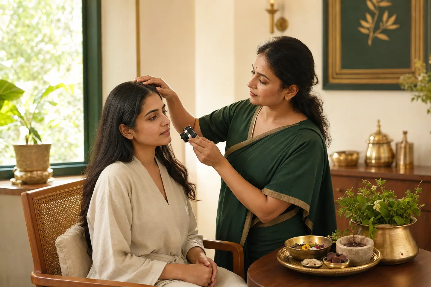 Ayurvedic wellness illustration for Keshya & Twachya Hair & Skin Wellness Support